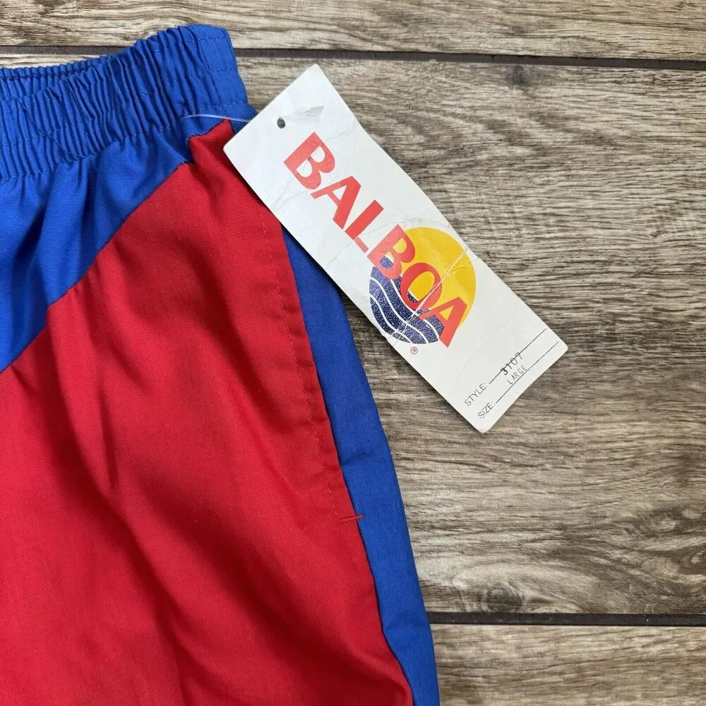 NEW! Vintage 80s Balboa Shortie Swim Trunks Shorts Blue Red Size L 36/38